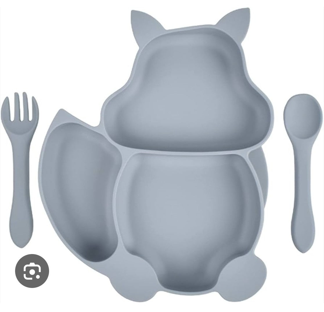 Ensemble Assiette a ventouse avec Cuillière et fourchette, en Silicone Anti-Dégat