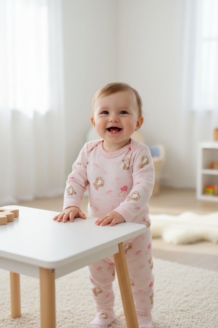 Ensemble pyjamas bébé – rose- Petits oursons & Ballons cœurs