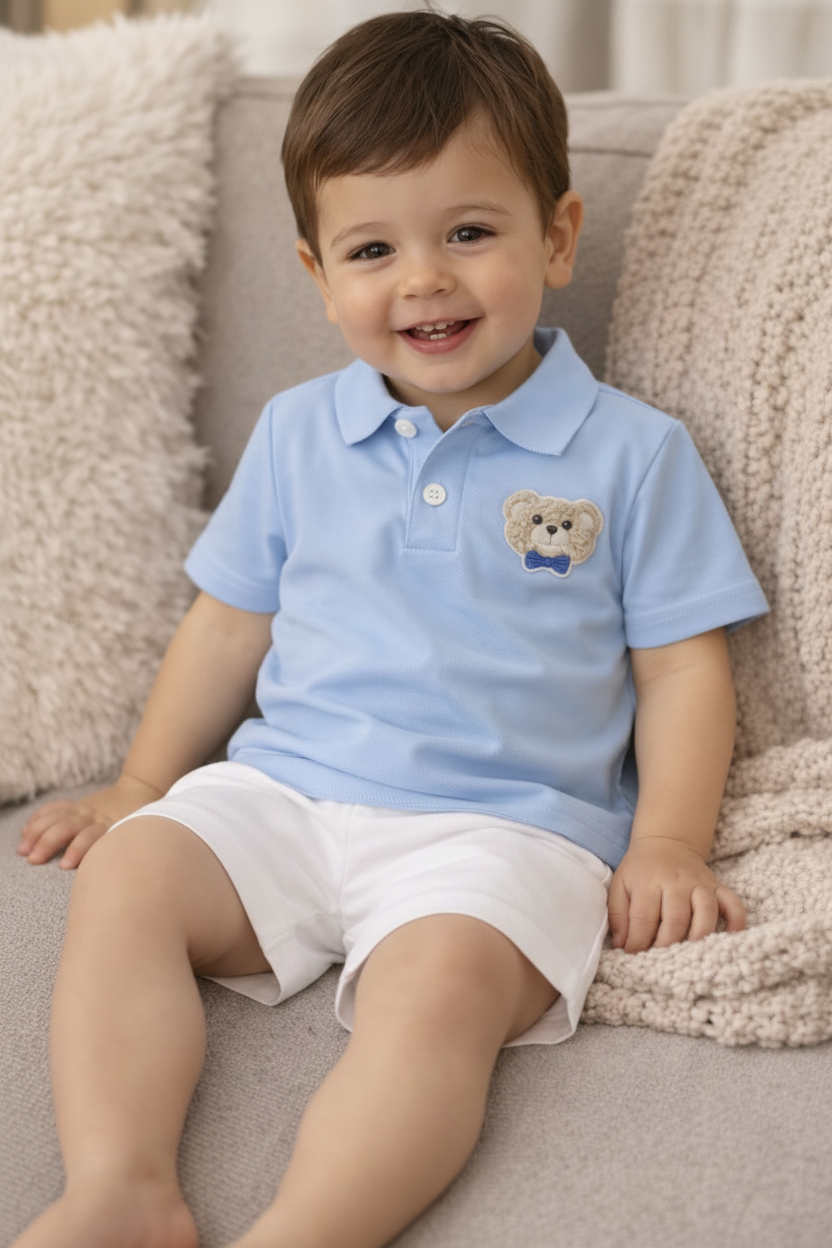 Polo avec Ourson Brodé - Bleu ciel