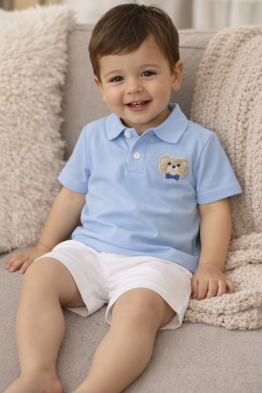 Polo avec Ourson Brodé - Bleu ciel
