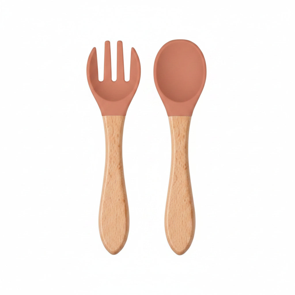 Duo Cuillère & fourchette, Silicone et manche en Bambou
