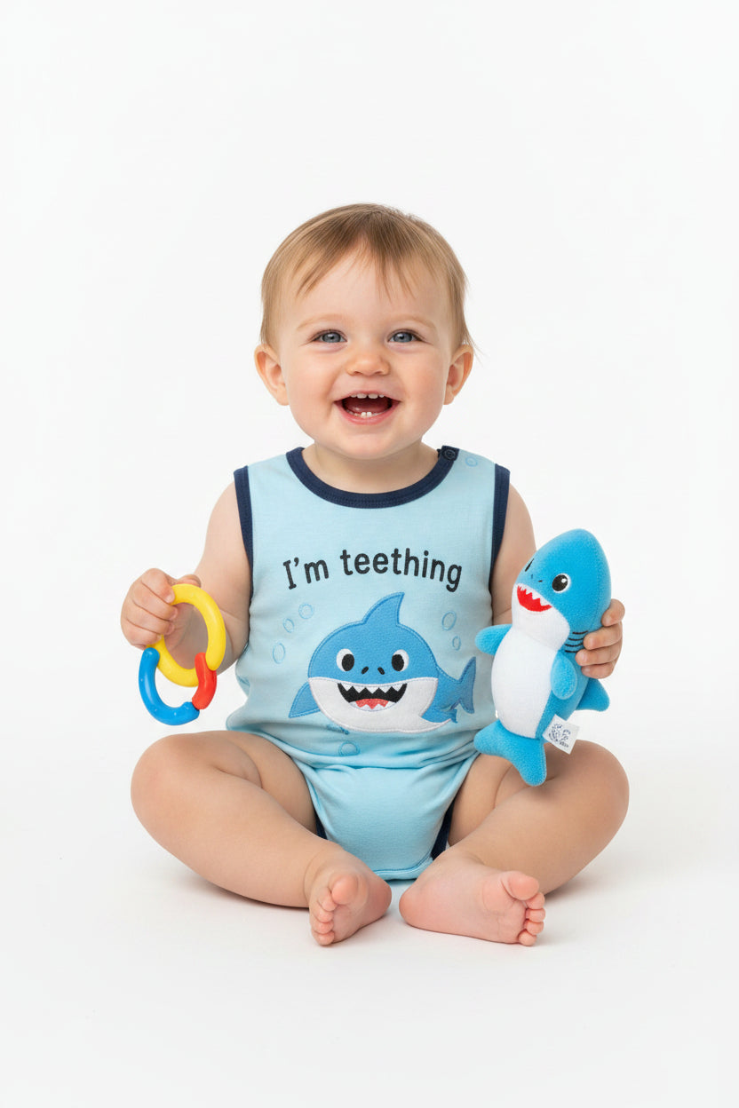 Barboteuse “I’m Teething” – Bleu Océan 🍼🦈