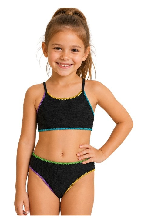Maillot 2 pièces Noir avec Bande de Couleurs