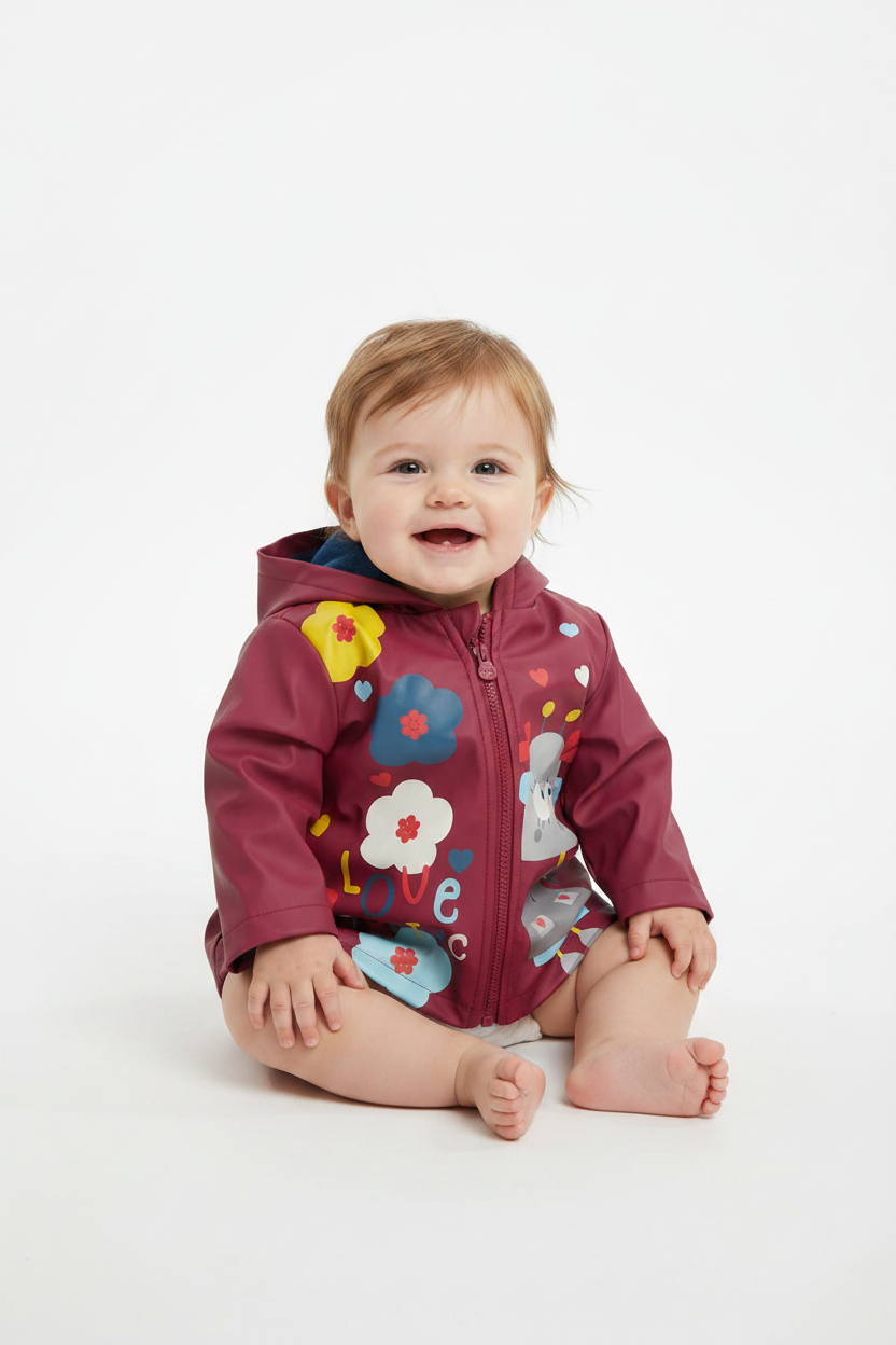 Manteau mi‑saison imperméable – motif fleurs & petit robot fille