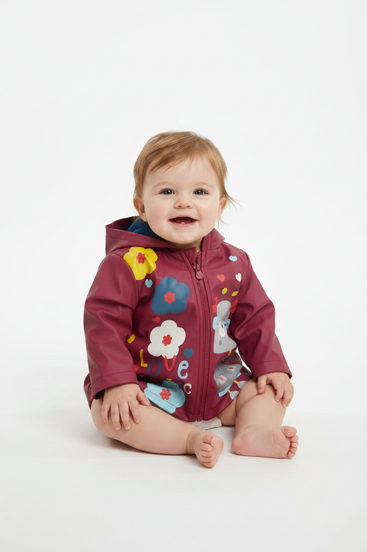 Manteau mi‑saison imperméable – motif fleurs & petit robot fille