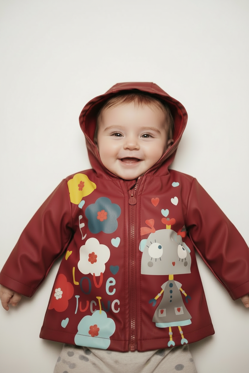 Manteau mi‑saison imperméable – motif fleurs & petit robot fille