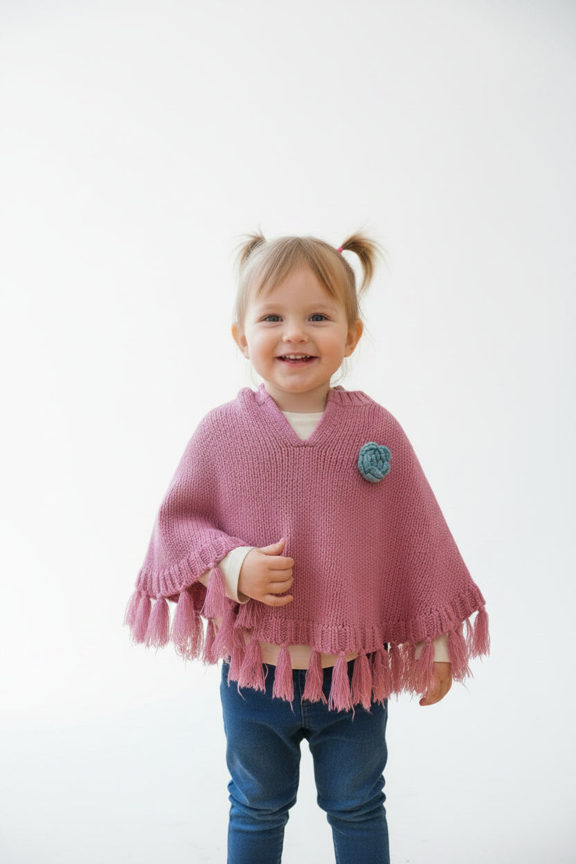 Pocho en laine Rose , Fleur bleu tricoté