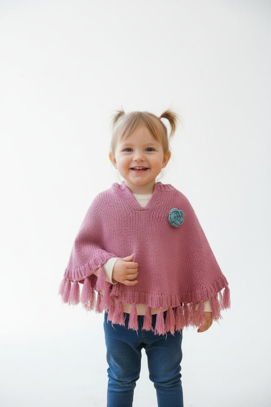 Pocho en laine Rose , Fleur bleu tricoté