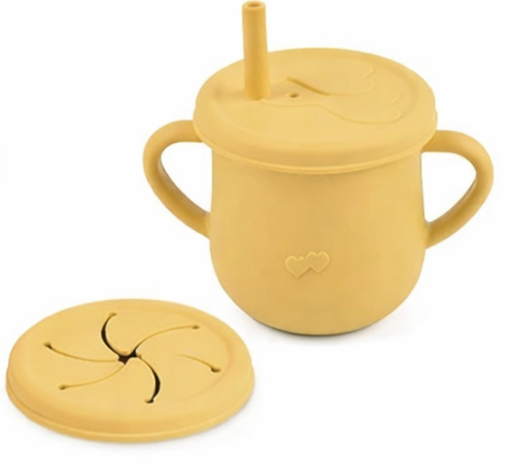 Gobelet / Bol a collation + Couvert avec paille + Couvert à pétales, Anti-Dégat,( 3 en 1) en Silicone / Boutique Frimousse