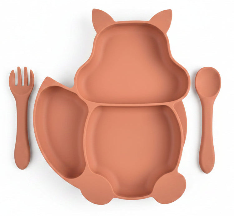 Ensemble Assiette a ventouse avec Cuillière et fourchette, en Silicone Anti-Dégat