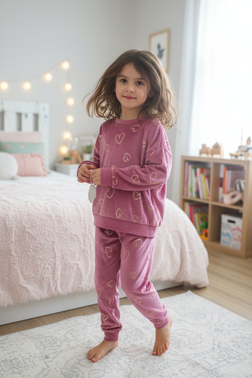 ✨ Pyjama 2 pièces douillet – Cœur métallisés