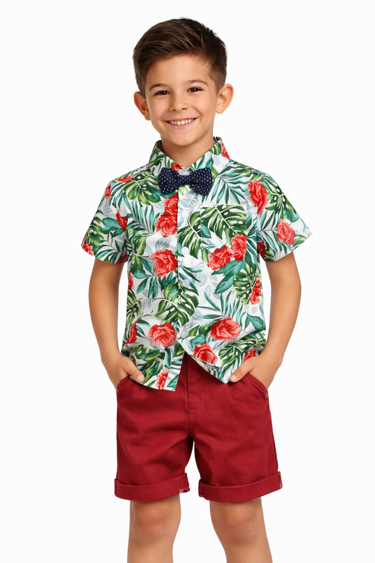 Ensemble Tropical - Modèle Rose rouge et Feuille de Monstera -