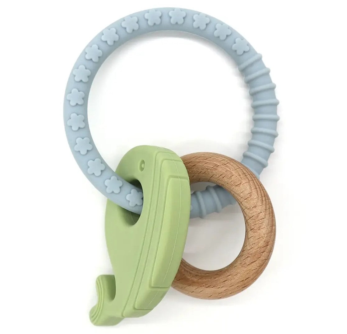 Anneaux de dentition Wander en Silicone et bois Naturel- Motif Balaine Verte