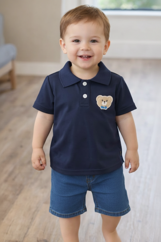 Polo avec Ourson Brodé  - Bleu Marin