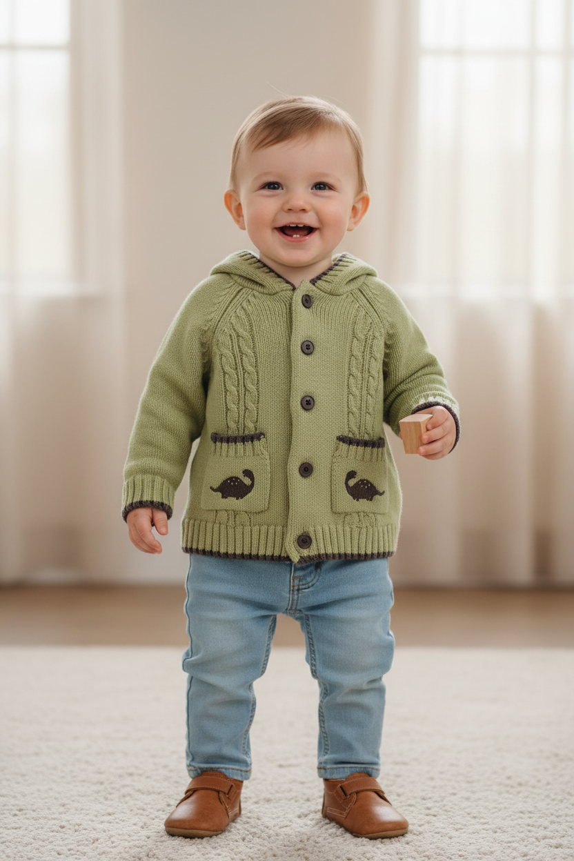 Cardigan Vert doux- Dinosaures long cou