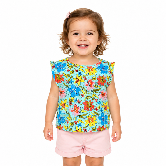 T-shirt turquoise fleuri manche roulé