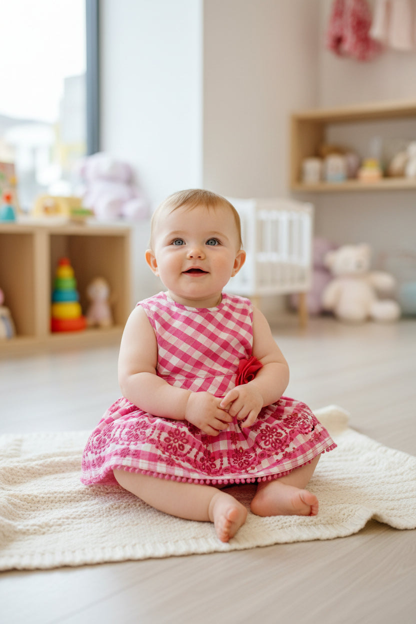 Robe a carreaux Rose avec fleur 3D + Culotte