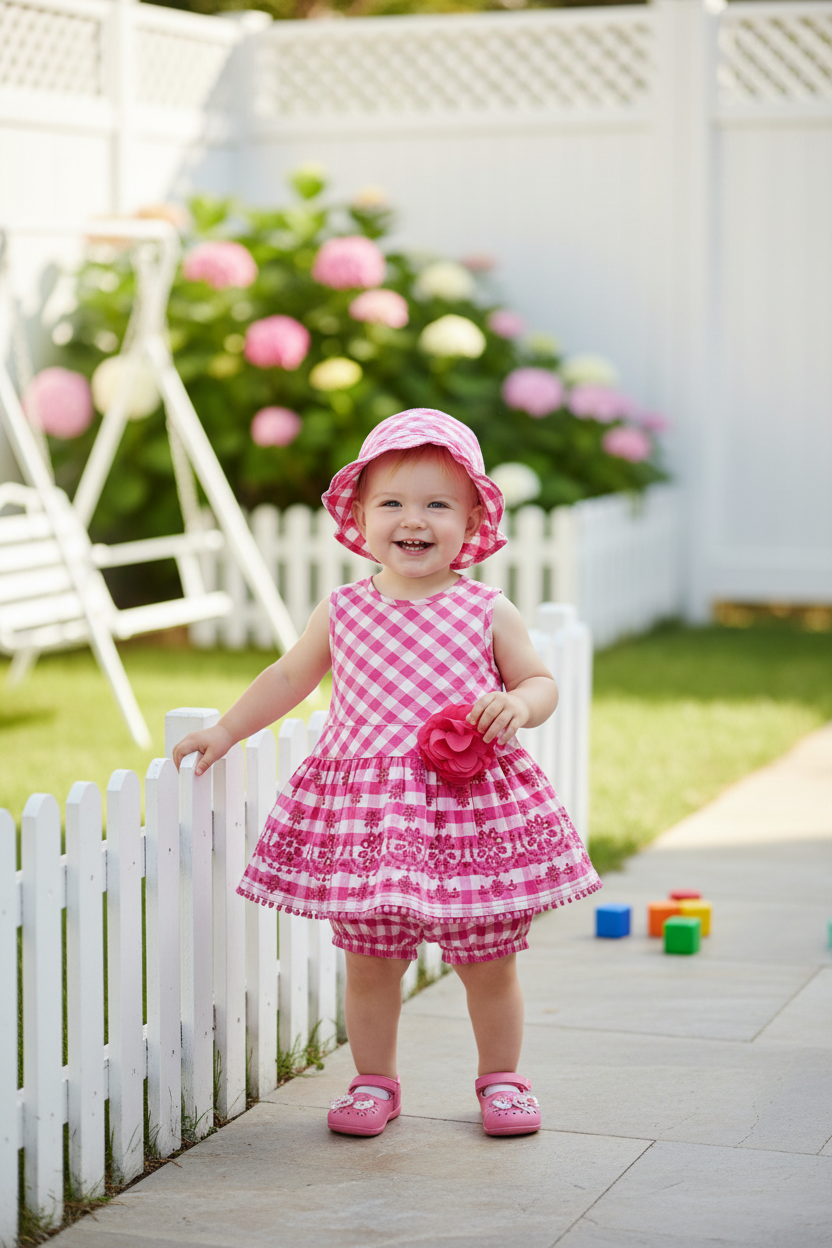 Robe a carreaux Rose avec fleur 3D + Culotte