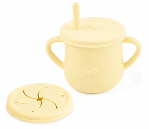 Gobelet / Bol a collation + Couvert avec paille + Couvert à pétales, Anti-Dégat,( 3 en 1) en Silicone / Boutique Frimousse