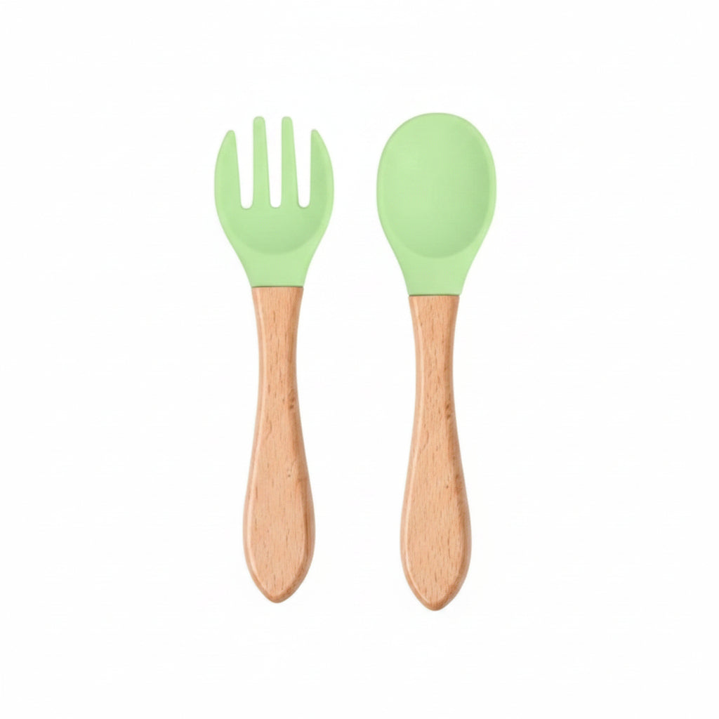Duo Cuillère & fourchette, Silicone et manche en Bambou
