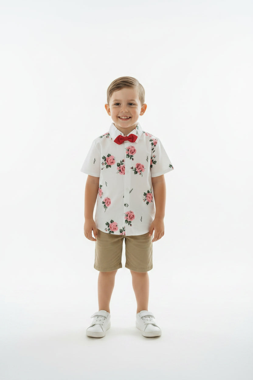 Chemise Blanche , Rose  et noeud papillon Rouge