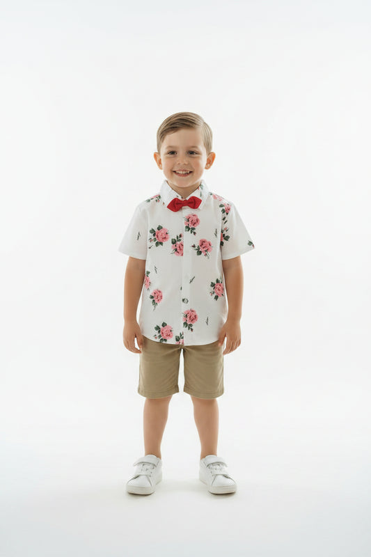 Chemise Blanche , Rose  et noeud papillon Rouge