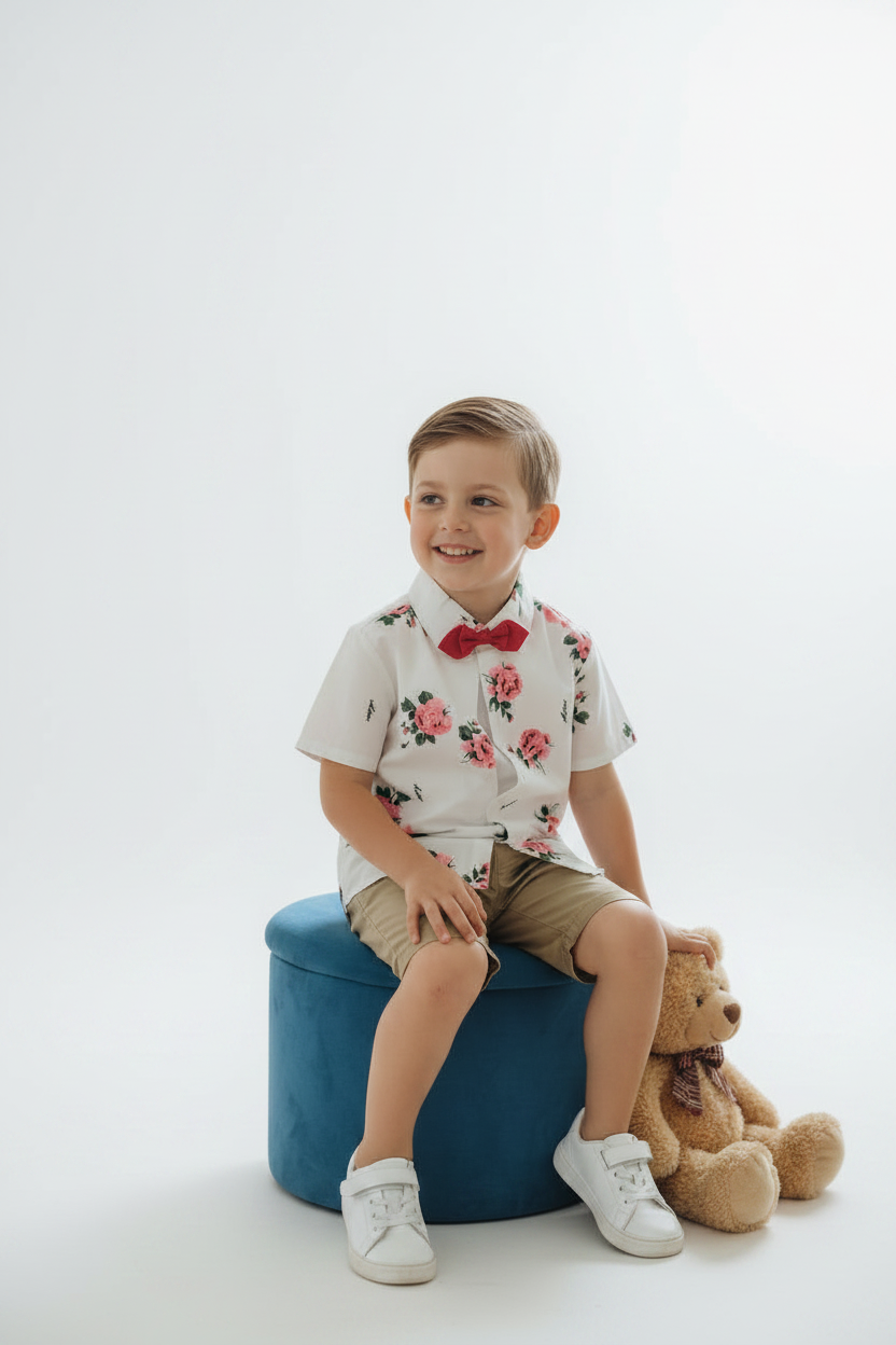 Chemise Blanche , Rose  et noeud papillon Rouge