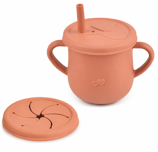 Gobelet / Bol a collation + Couvert avec paille + Couvert à pétales, Anti-Dégat,( 3 en 1) en Silicone / Boutique Frimousse