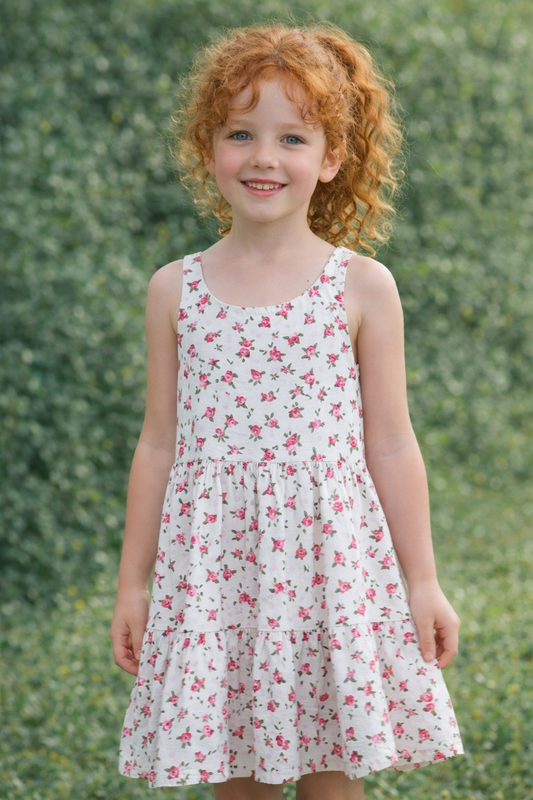 Robe Blanche avec petites Fleurs Délicates Roses