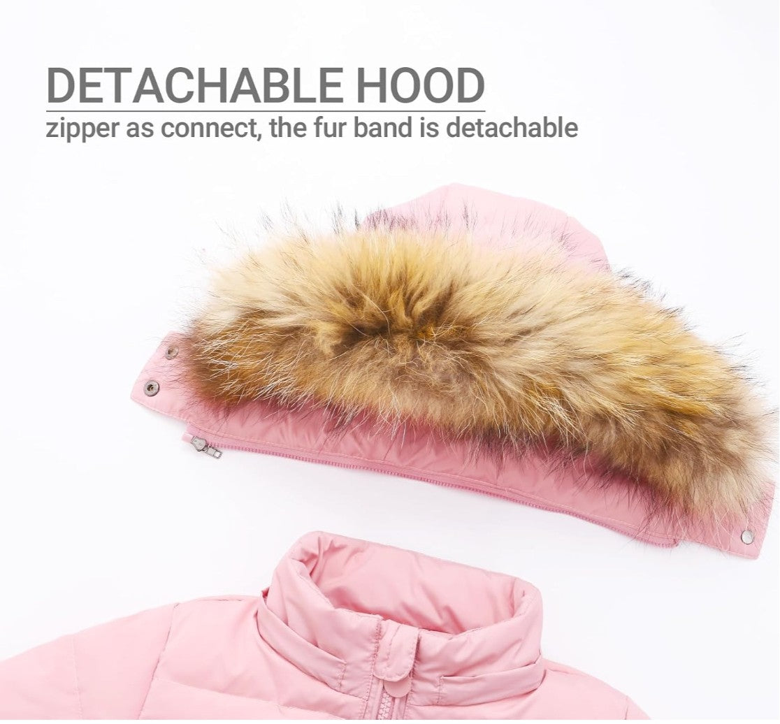 Habit de neige matelassé avec capuchon à fourrure d'oie - Rose