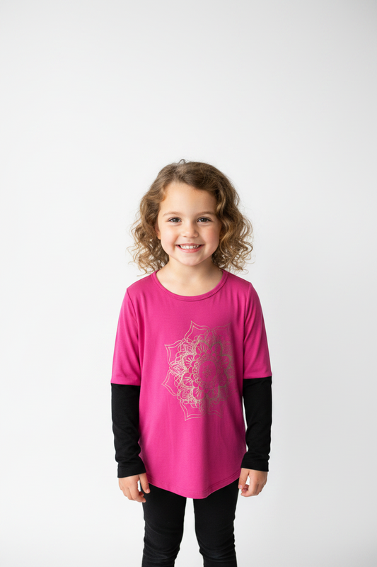 Chandail Rose manche Noir avec fleur Mandalas
