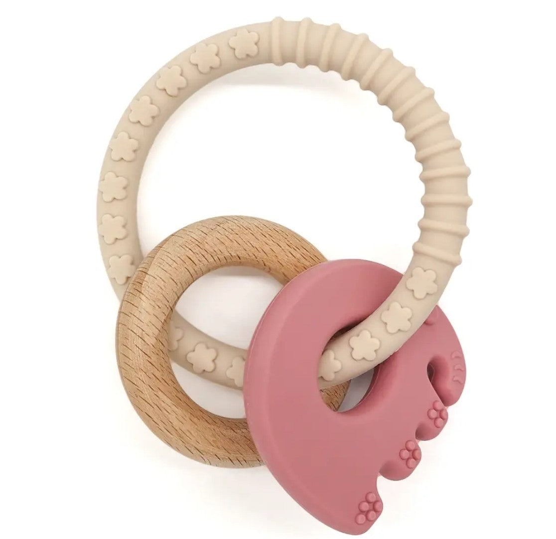Anneaux de dentition Wander en Silicone et Bois Naturel - Éléphant Rose