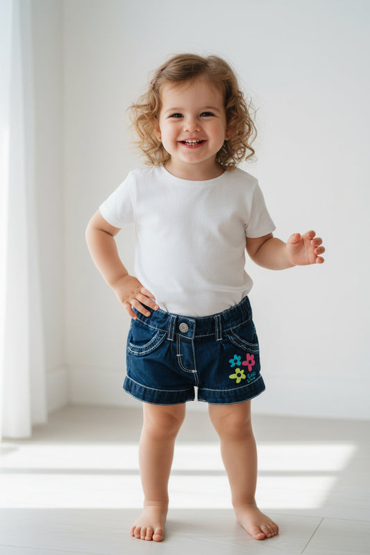Short en jean bleu – Style frais & détails de fleurs