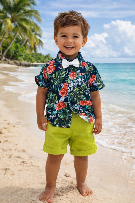 Ensemble Tropicale -Modèle Hawaïen - Chemise/Short/ Nœud Papillon