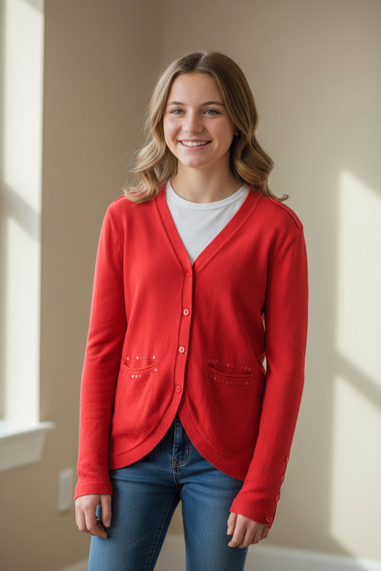Cardigan Maille Fine Élégance-Rouge